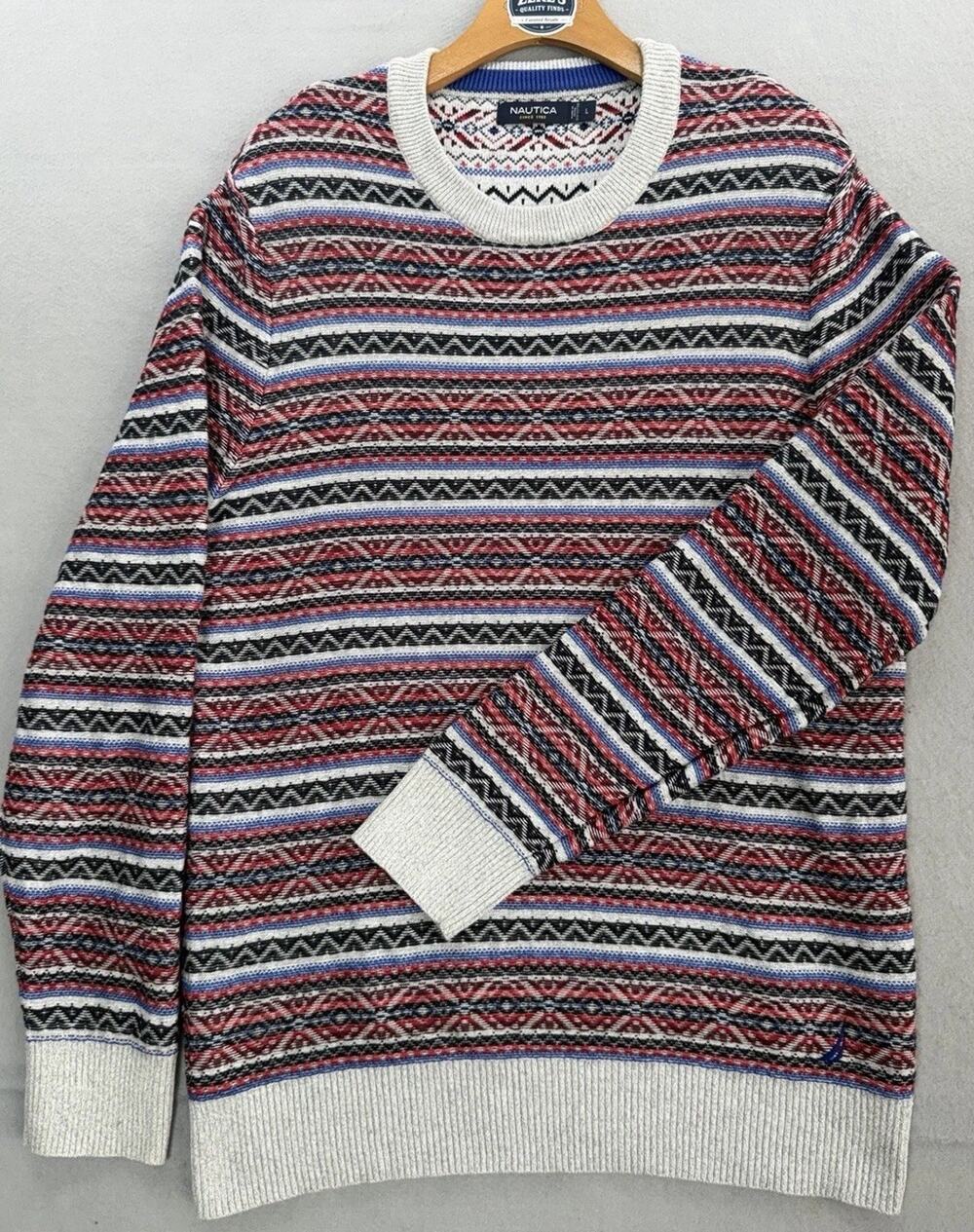 Nautica Mens Large Cotton Fair Isle Sweater Nordic Crewneck Red Blue Gray
